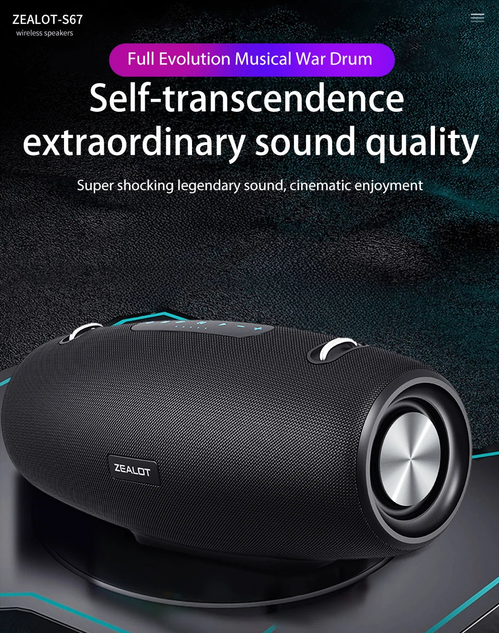 ZEALOT S67 Portable Bluetooth loudspeaker with Shoulder belt Outdoor Waterproof Stereo Sound Strong Bass 40H Playback