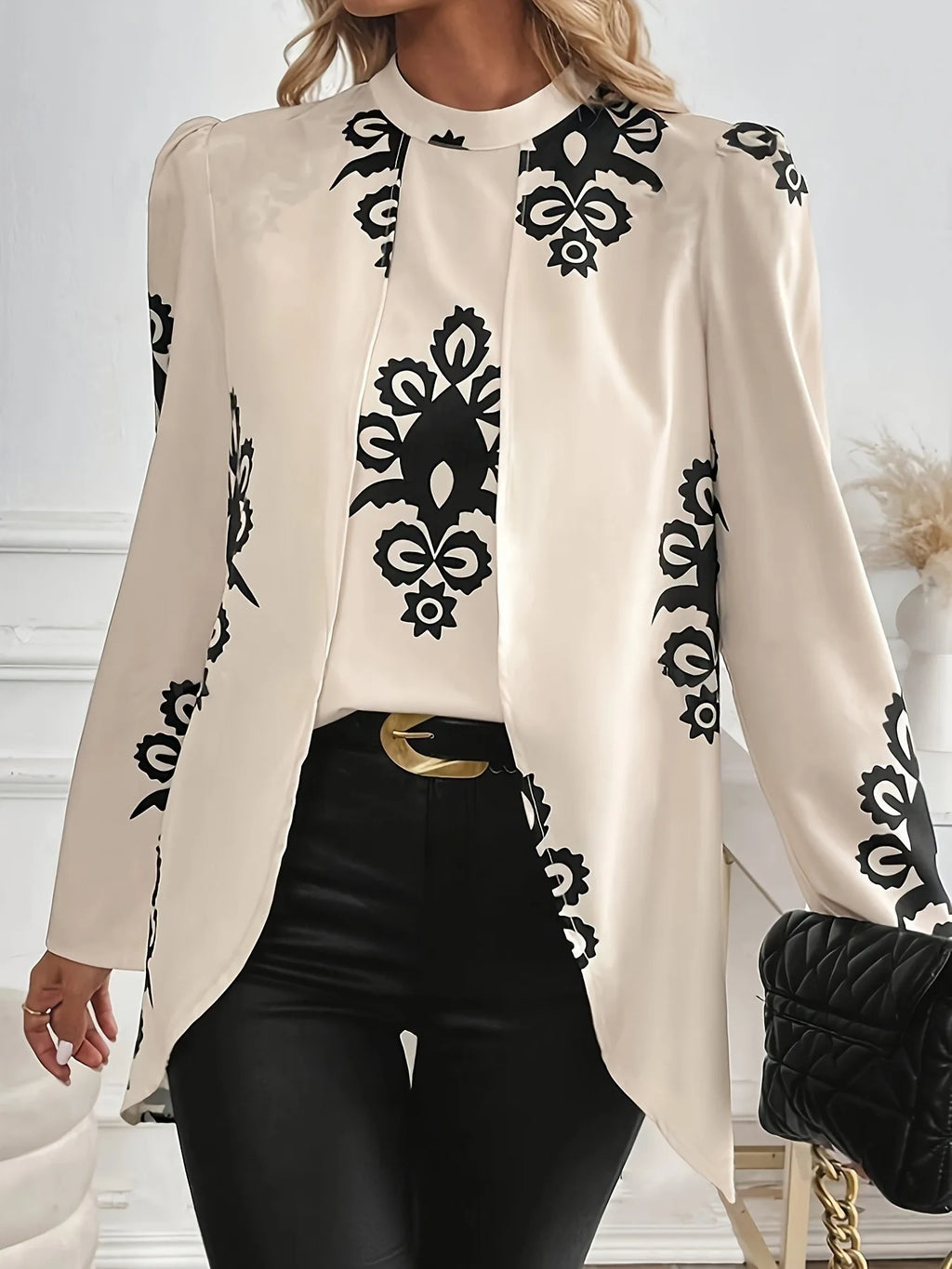 2026 Fashion Long Sleeve Print Blouses Women Spring Elegant Office Ladies Tops Femme Fake Two Pieces Blouse Shirts Women's Top