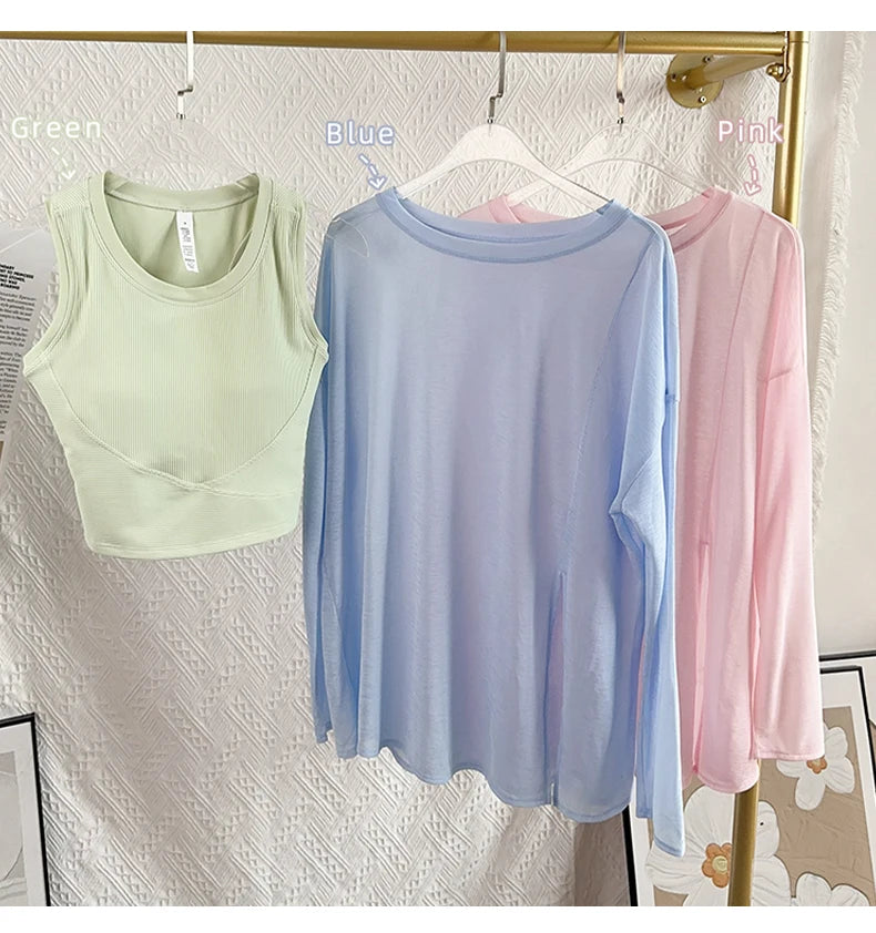 Women's Yoga Shirts Sports Tops Long Sleeve O-neck Breathable Running Shirt Loose Fitness Clothes Gym Sportwear Pilates T-shirts