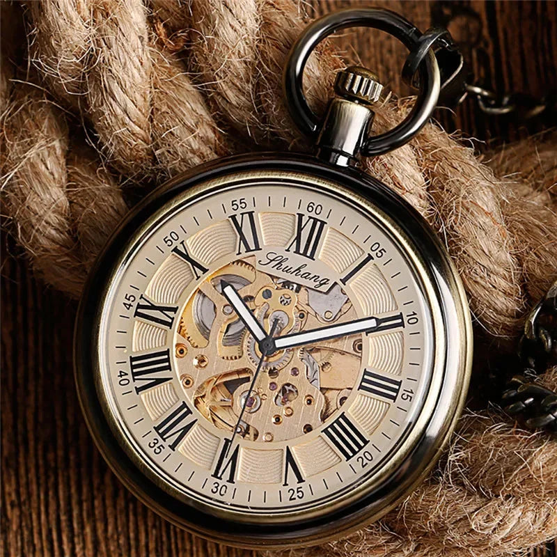 Retro Bronze Men Women Automatic Mechanical Pocket Watch Luminous Hands Roman Numeral Pendant Chain Relogio de bolso Gift Main image