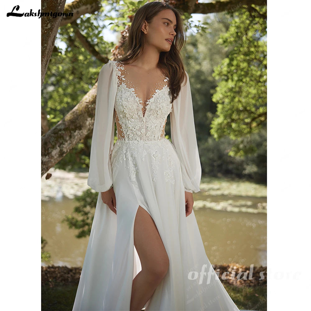 Lakshmigown Chiffon Beach Wedding Dress 2026 Beading Lace Full Sleeves V-neck Appliques Wedding Gown Bridal Gowns Customized