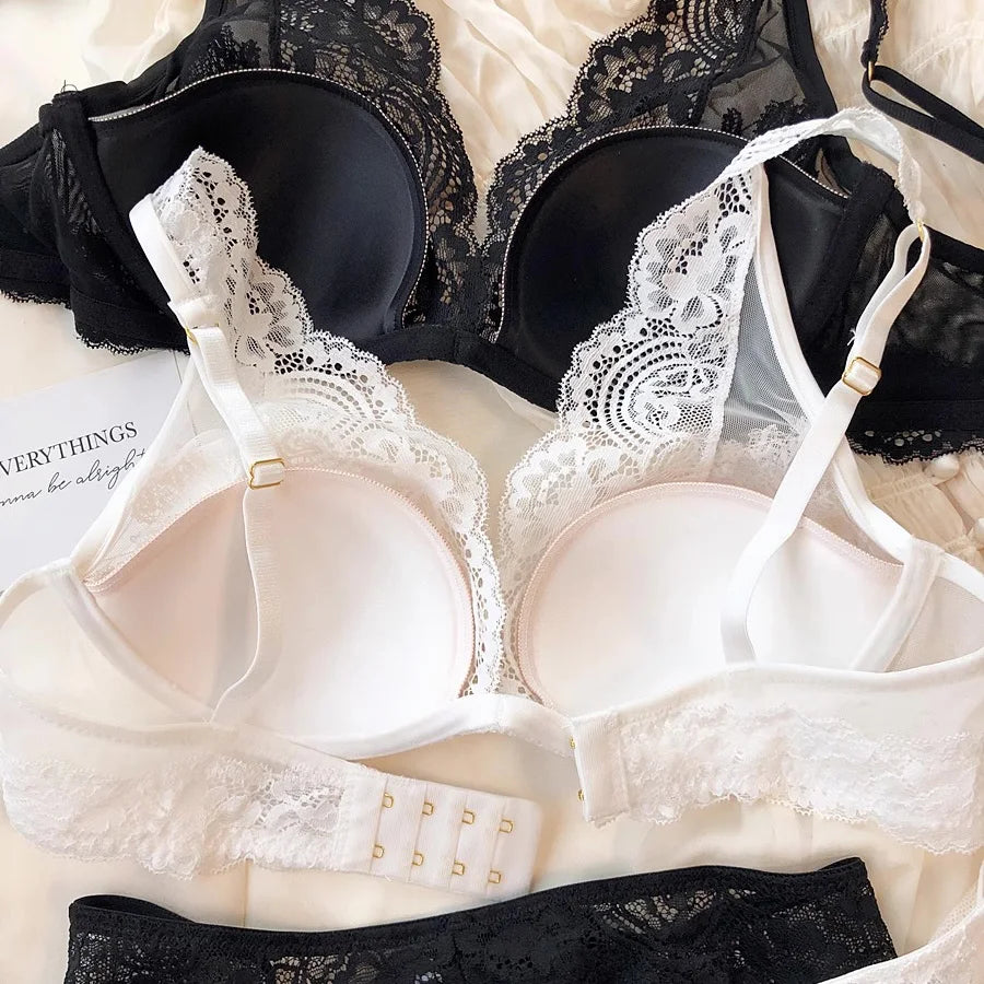 Full Lace Thin Cup Comfortable Young Girls Fashion Intimates, Wire Free Seamless Lingerie For Women Sexy Underwear Bra Pants