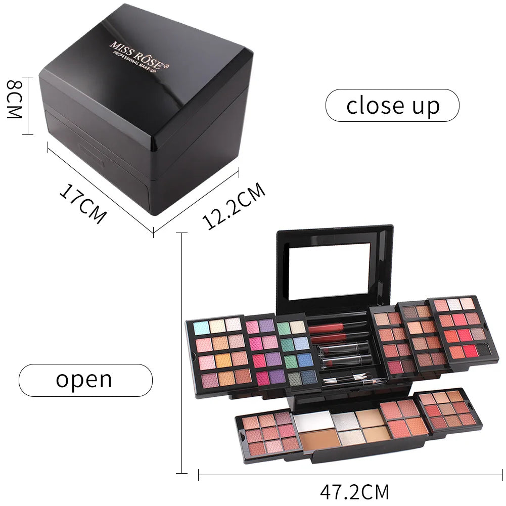 MISS ROSE 104 Color Eye Shadow Powder Puff High Gloss Lipstick Mirror Makeup Durable Easy Makeup Multi-Function Makeup Set