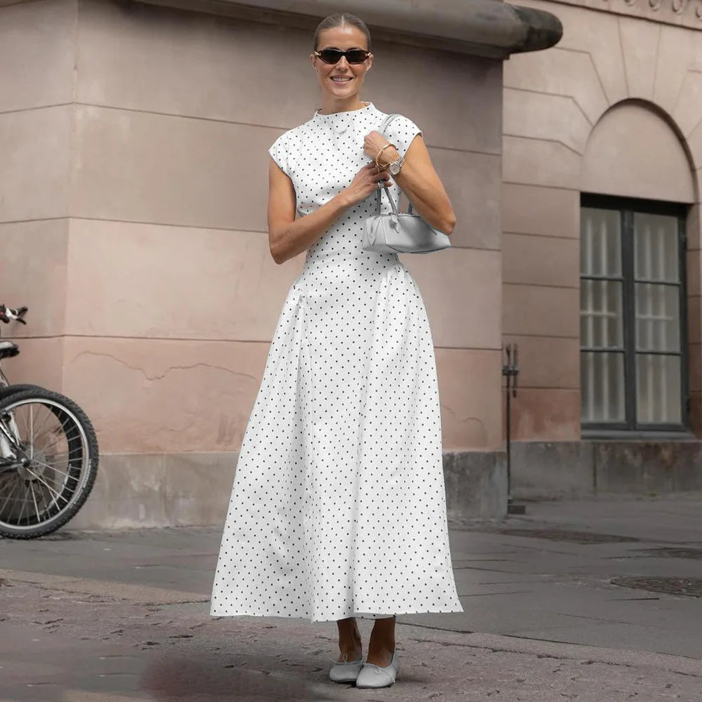 Talenza White Polka Dot Long Dress Summer Sexy High-Waisted Vintage Print Sleeveless Dress Casual Party Vacation New Women Dress