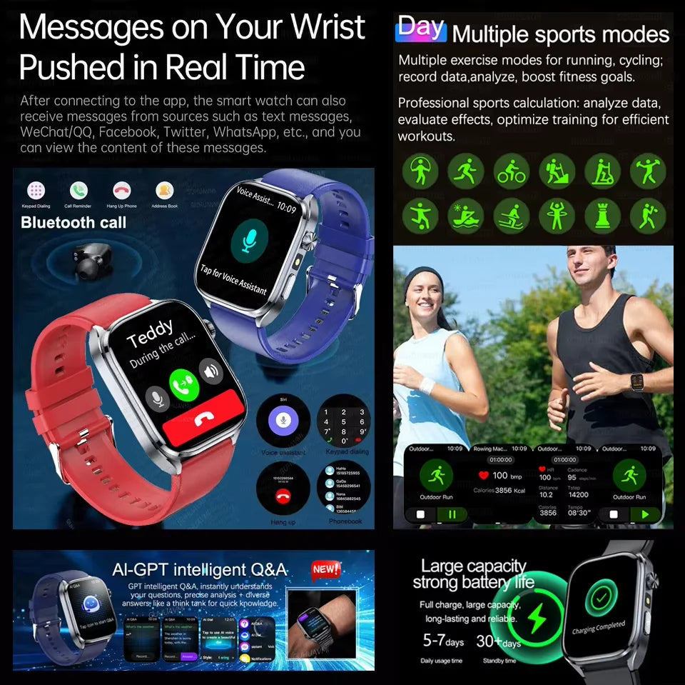 New Health Watch Uric Acid Blood Pressure Blood oxygen Body Analysis Body Fat SmartWatch ECG+PPG Bluetooth call Clock Women Men