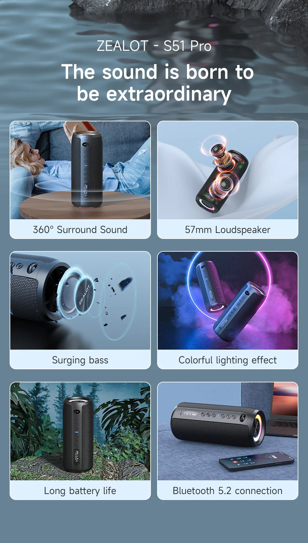 ZEALOT-S51PRO 40W High-power Bluetooth Speaker 3D Stereo Bass Bluetooth Speaker Portable IPX5 Waterproof Suitable TWS Boom Box