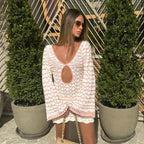 Sexy Boho Striped Chic V-neck Cut Out Bell Sleeve Knit Beach Mini Dress 2026 Summer Women Seaside Holiday Swimsuit Cover Up K123