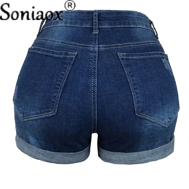 2024 Summer New Women Crimping Button Up Stretch Sexy Hole Jean Shorts High Waist Skinny Streetwear Trendy Ripped Denim Shorts