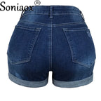 2024 Summer New Women Crimping Button Up Stretch Sexy Hole Jean Shorts High Waist Skinny Streetwear Trendy Ripped Denim Shorts