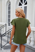 New Women V-Neck Loose Pullover Chiffon Shirts Elegant Fashion Solid Color Ruffles Female Blouse Summer Casual Short Sleeve Tops