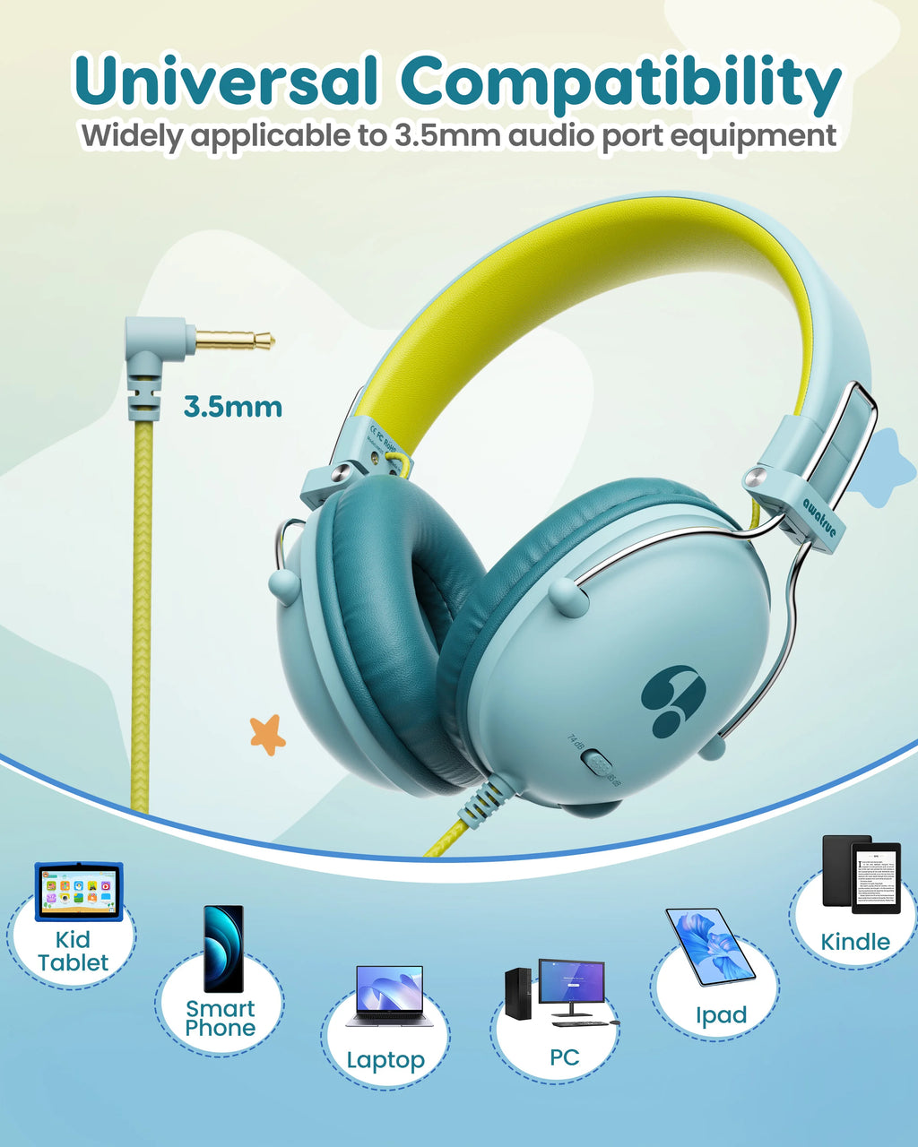 AWATRUE HK05 Kids Study Wired Children'S Headphones Stereo Sound Headset Kids Earphone with Mic Music Headset Limited Volume