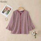 ZANZEA Women Summer Plaid Patchwork Blouse 3/4 Flare Sleeve Cut Out Tops Casual Loose Shirt Retro Chemise Female Work Blusas