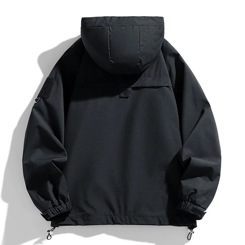 Windbreakers Men Hooded Jacket Zipper Coat Cargo Waterproof Black Bomber Camping Loose Thin Softshell Hooded Hiking Jacket