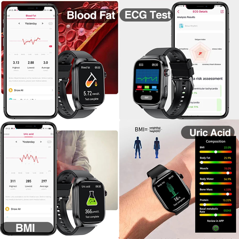 2026 New Nursing Grade Uric acid Blood lipids Smart Watch Men ECG+PPG Blood Pressure Heart Rate Bluetooth Call Health Smartwatch