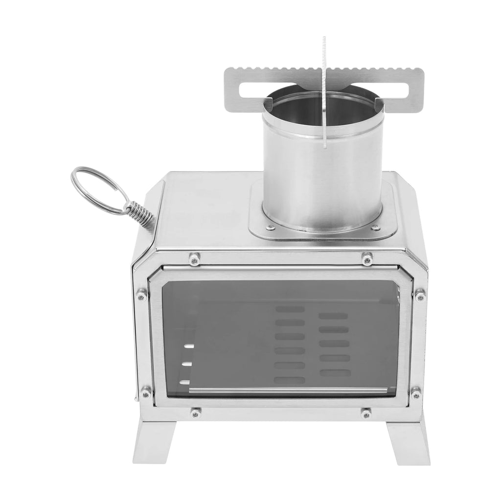 Portable Camping Wood Stove, Mini Stainless Steel Fire Pit for Outdoor Cooking, Hiking, BBQ, with Glass Window & Airflow Vents