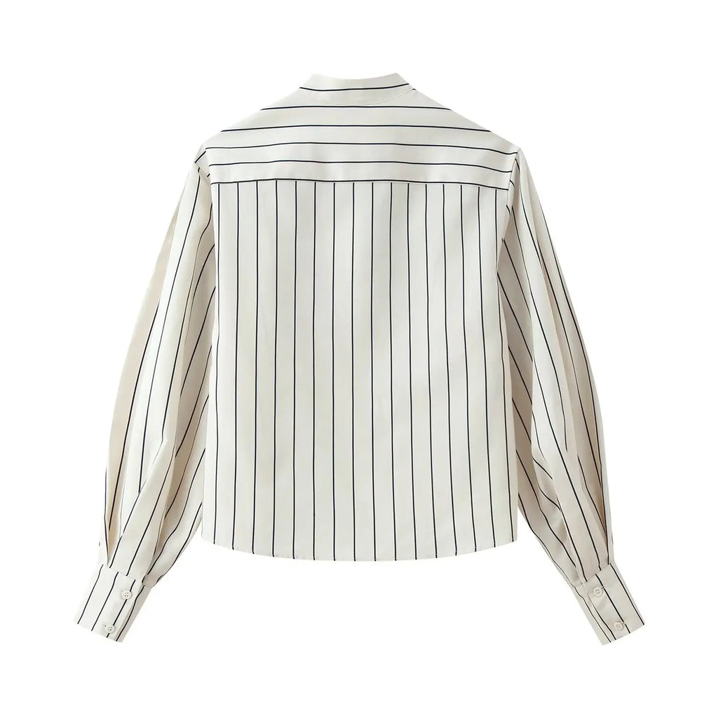 HH Women Spring New Fashion Vintage Versatile Beige Striped Puffy Sleeve Shirt+High Waisted Loose Pleated Casual Long Pants Set
