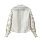 HH Women Spring New Fashion Vintage Versatile Beige Striped Puffy Sleeve Shirt+High Waisted Loose Pleated Casual Long Pants Set
