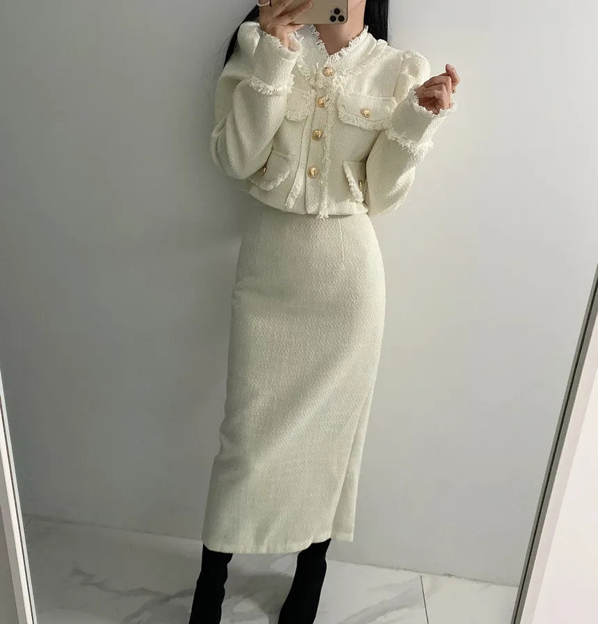 Beige Tweed Jacket + High Waisted Skirts Women Winter  Golden Button 2 Piece Sets Wool Luxury Vintage Skirts Sets Autumn