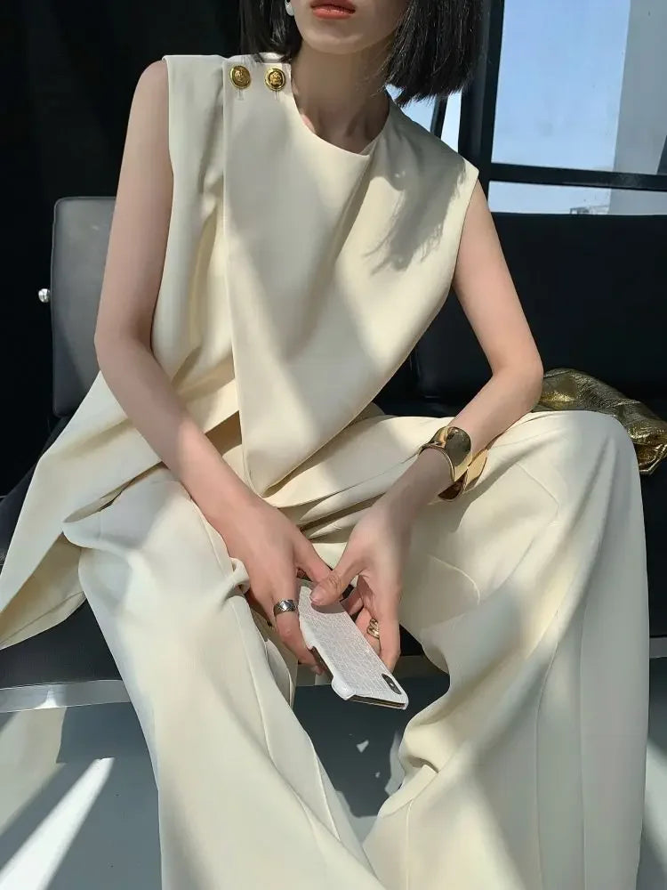 Beige two-piece suit women's summer 2024 new irregular fashion sleeveless vest top high waist wide-leg pants suit