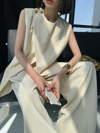 Beige two-piece suit women's summer 2024 new irregular fashion sleeveless vest top high waist wide-leg pants suit