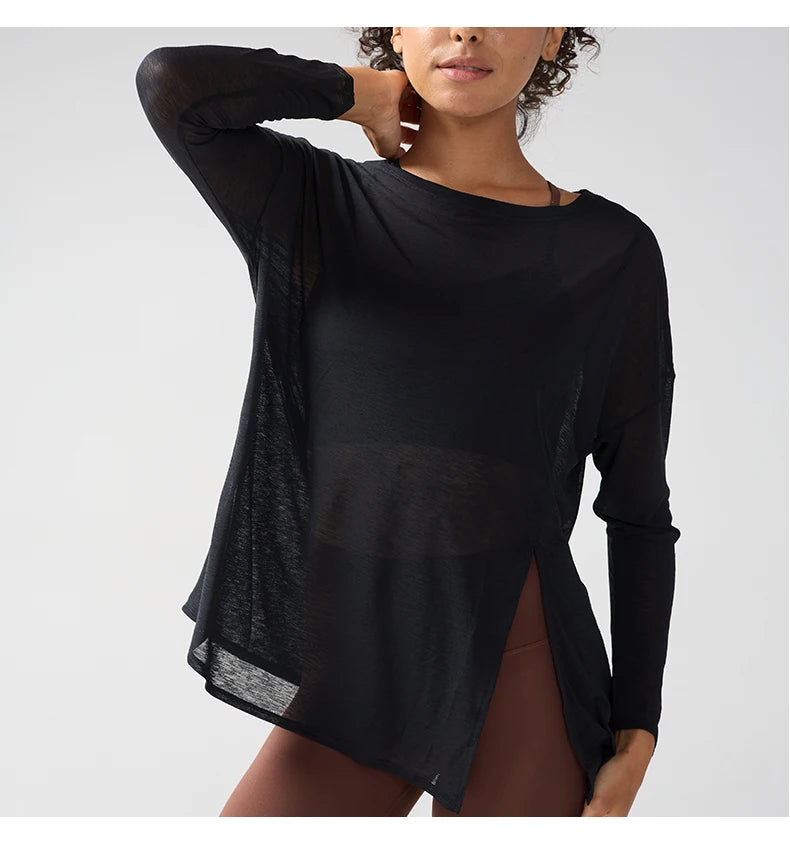 Fashion Women's Breathable Loose Quick Drying Long Sleeve Yoga Shirts Slimming Side Slits Leisure Running Fitness Cycling Tops
