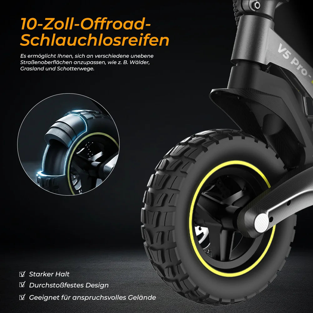 V5Pro Offroad E Scooter 10 Zoll ABE zertifiziert 500W 48V12.5Ah Geländereifen Dual Federung E Bremse Voltix APP Deutschland