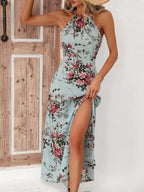 Women's Floral Print High Slit Thigh Halter Dress - Summer Sleeveless Sexy Bodycon Beach Party Clubwear
