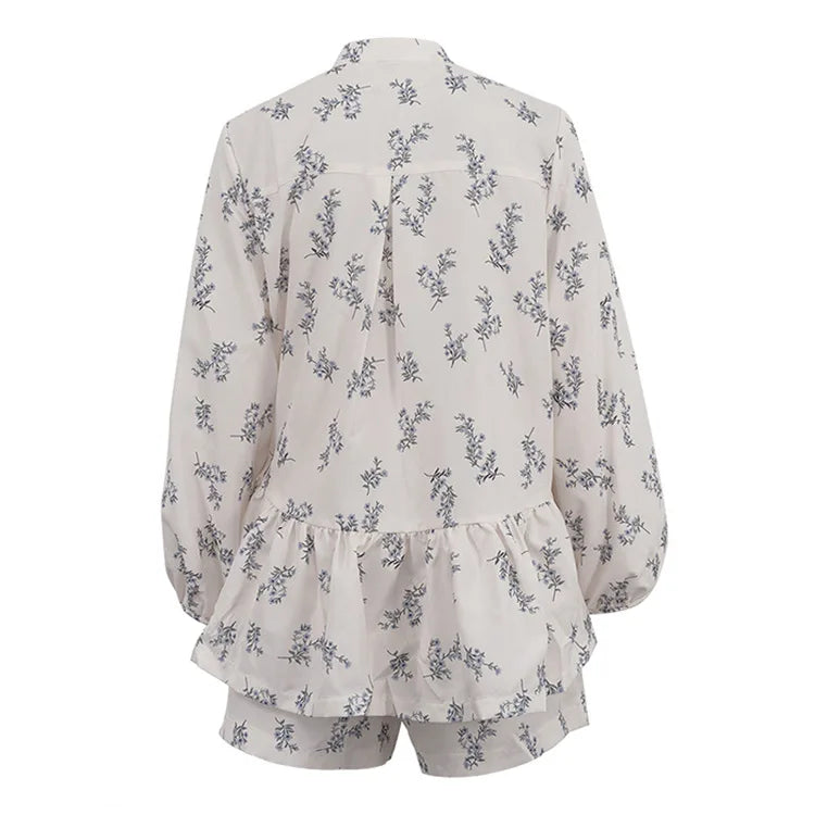Casual Beige Print Women's Two Pieces Set Fashion Stand Collar Wrist Sleeve Ruffled Shirts And High Waisted Shorts Suit Woman