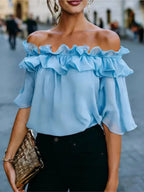 Fashion Ruffled Sexy One Shoulder Women's Short Sleeve Shirt Summer New Casual Loose Tops Female Elegant Versatile Office Shirt