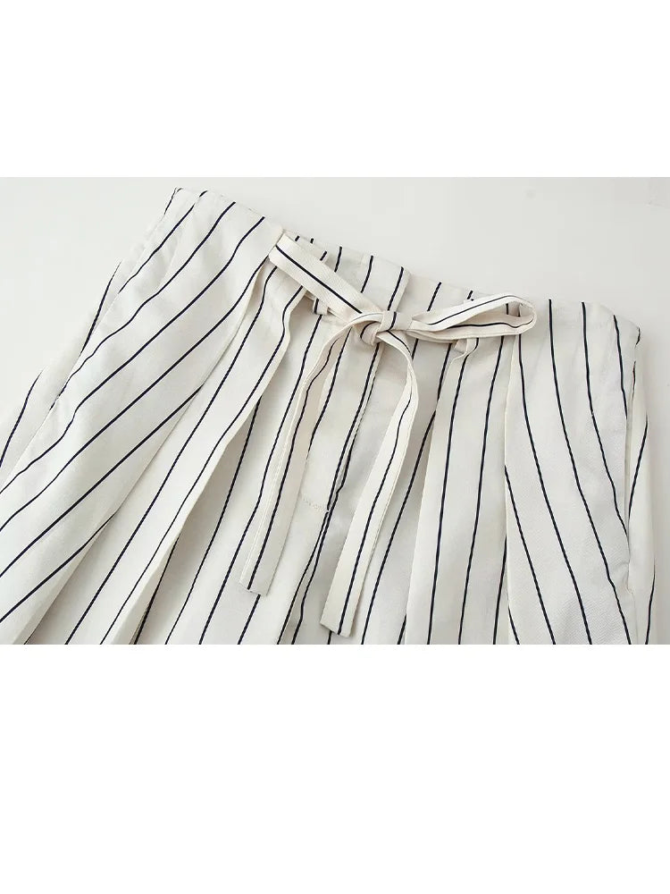 HH Women Spring New Fashion Vintage Versatile Beige Striped Puffy Sleeve Shirt+High Waisted Loose Pleated Casual Long Pants Set