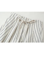 HH Women Spring New Fashion Vintage Versatile Beige Striped Puffy Sleeve Shirt+High Waisted Loose Pleated Casual Long Pants Set