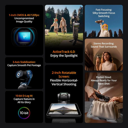 DJI Osmo Pocket 3 Camera 1'' CMOS 4K/120fps Video, 3-Axis Stabilization, 2" Rotatable Touchscreen, Small Video Camera