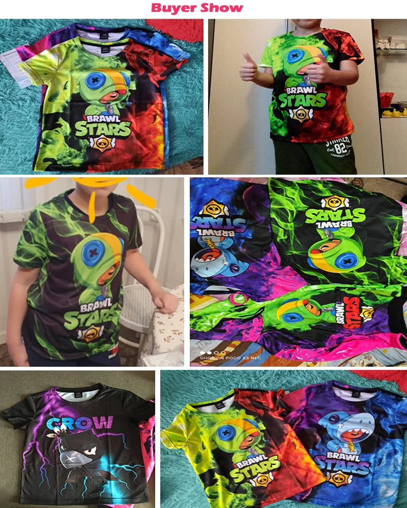 Boys Summer T-shirt Tees Brawl-Stars Anime Figures Leon Cartoon Characters Kids Cosplay Costumes Crow T Shirt Christmas Gifts