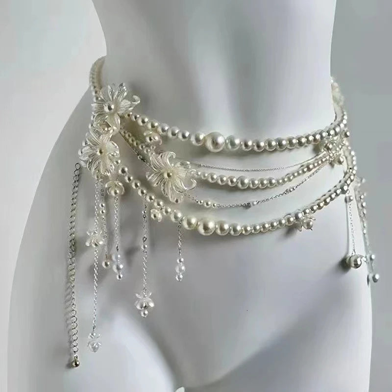Multilayer Pearl Belt Waist Chain for Women's Fashion Retro Y2K Designer Belt Character Playing Clothes Accessories Party Belts