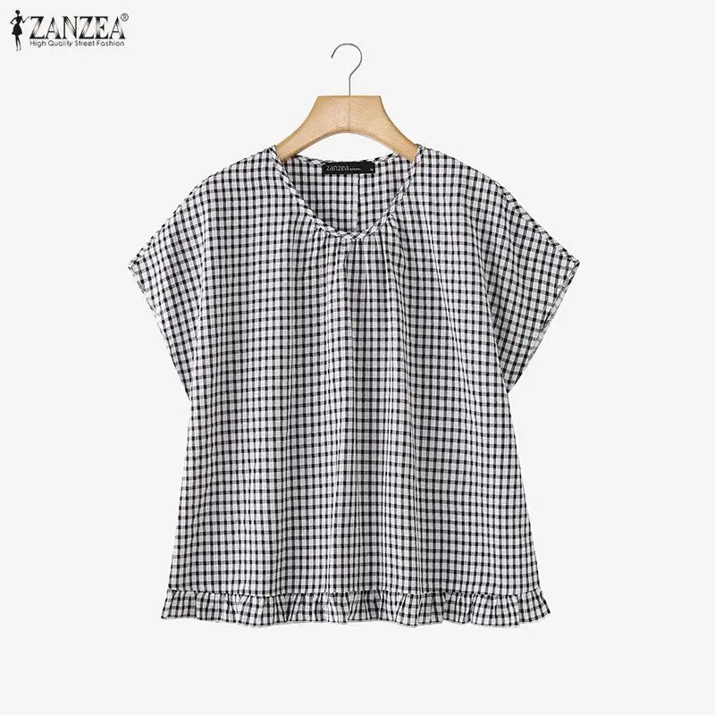 Women Summer Plaid Checked Blouse ZANZEA 2026 Fashion O Neck Short Sleeve Tops Casual Loose Holiday Shirt Elegant Work Blusas