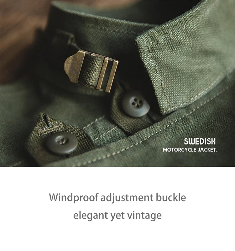 Swedish motorcycle jacket, men's retro military green casual cropped jacket, 100% cotton canvas workwear asymmetric safari style