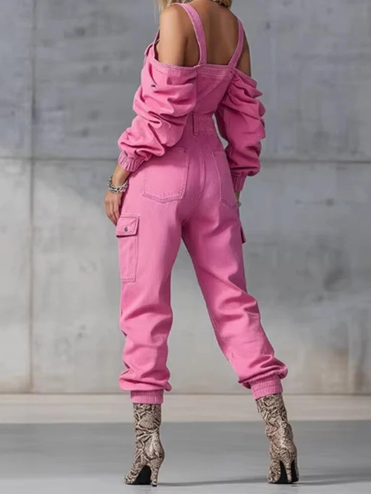 Vintage Denim Jumpsuit Woman Solid Zipper Off-shoulder High Wait Loose Cargo Pants Romper Long Sleeve Overalls One-Piece Suit Secondary image