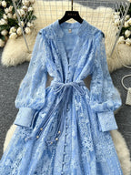Spring Autumn French High-end Women's Dress New Lace Embroidery V-neck Lantern Sleeves Single Breasted Party Birthday Dress C192