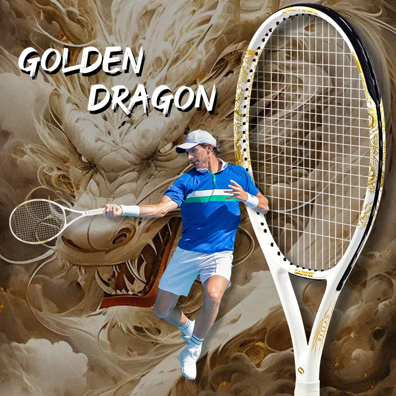 Golden-Dragon Carbon Fiber Tennis Racket For Adults, Ideal for Intermediate Training, Chinese Style Dragon, 50~60lbs, Free Gifts