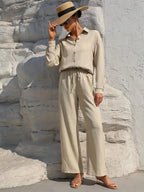 Plus Size Casual Loose Two-Piece Set Wide Leg Pants Long Sleeve Shirt Light Beige Street Style Elegant Quality Polyester Summ...