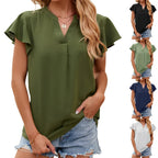 New Women V-Neck Loose Pullover Chiffon Shirts Elegant Fashion Solid Color Ruffles Female Blouse Summer Casual Short Sleeve Tops
