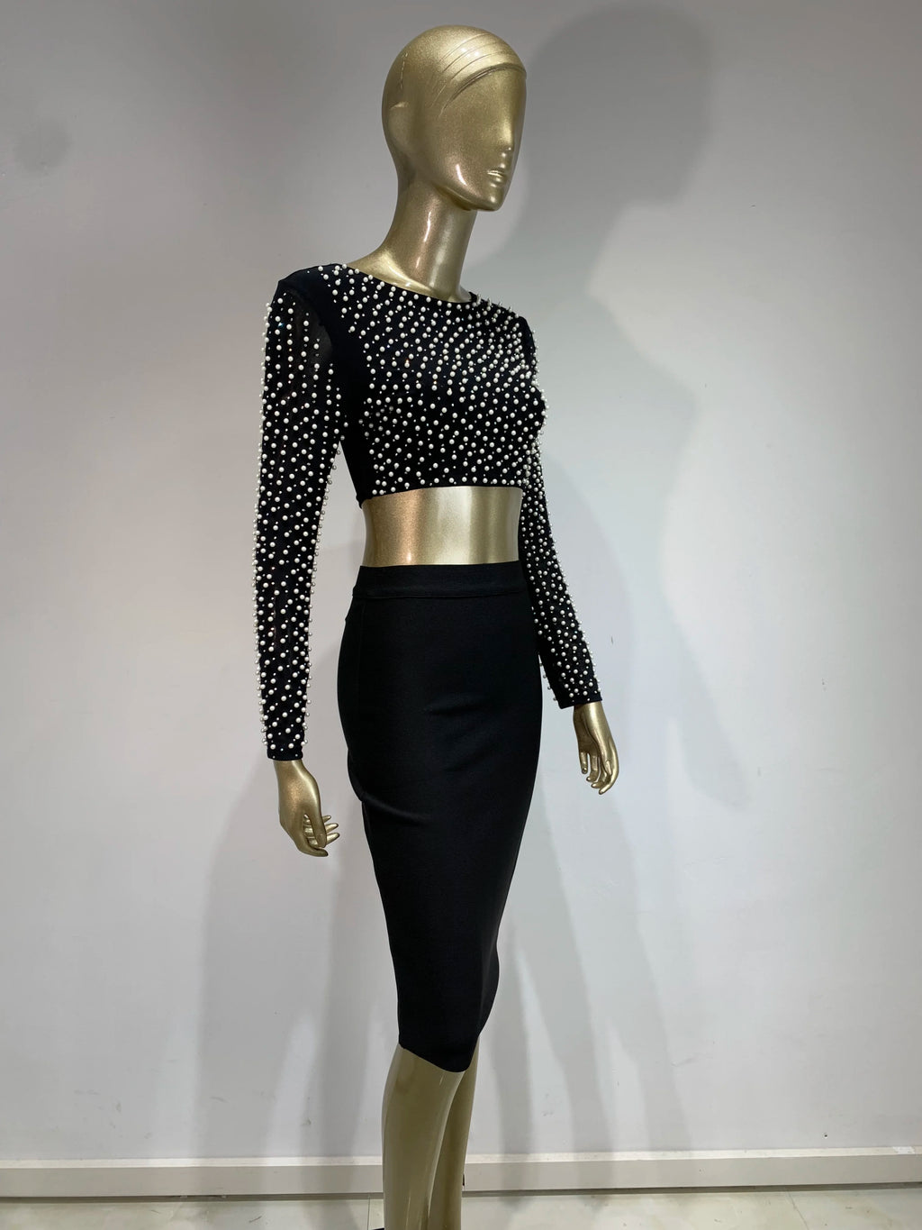 Sexy O Neck Long Sleeve Mesh Pearl Beige Black Celebrity Midi Women Bandage Set 2024 Designer Evening Party Women's Set