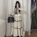 Korean Fashion Elegant Beige Polka Dot Women Set Long-sleeved Single Button Top High Waist A-line Ruffled Tiered Long Skirt 2pcs