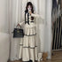 Korean Fashion Elegant Beige Polka Dot Women Set Long-sleeved Single Button Top High Waist A-line Ruffled Tiered Long Skirt 2pcs