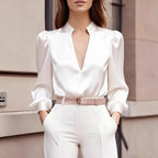 New Women's Satin Shirt V-neck Long-sleeved French Top Fashion Pullover White Simple Office Professional Female Pink Blouses