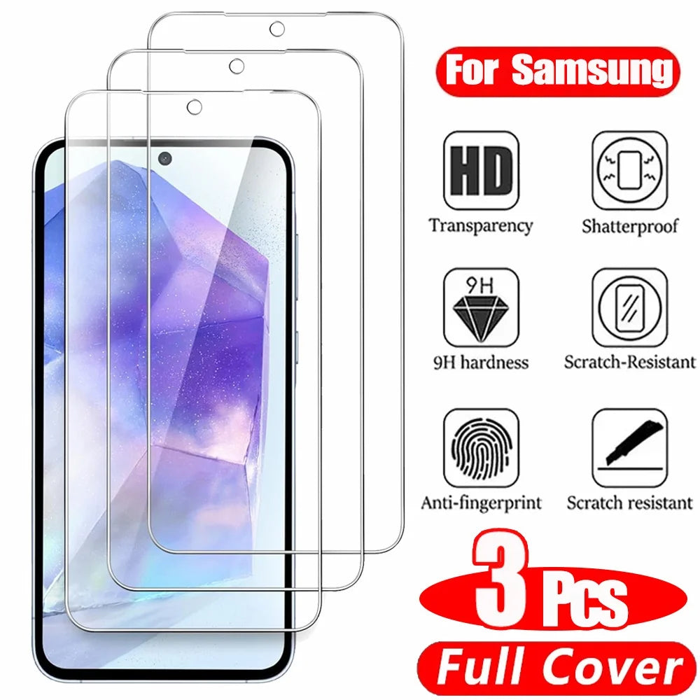 3PCS HD Tempered Glass For Samsung A17 A27 A37 A57 A16 A26 A36 A56 A55 A53 A54 A35 A25 A15 Screen Protector Samsung Galaxy S26 S25 S24 Ultra Cristal Templado S24 FE S23 S22 S21 Plus