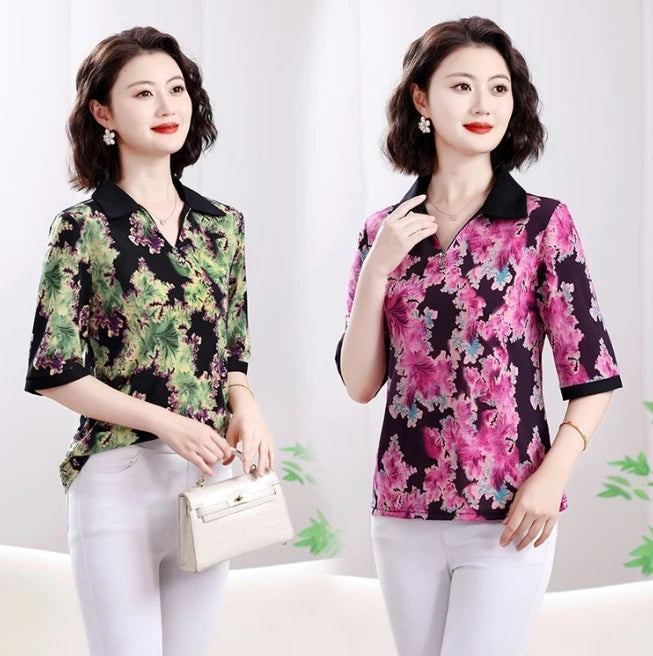 Summer half sleeve Shirt Fashion Commute All-match Ice Silk Printed Button Loose Women's Blouses Top Main image