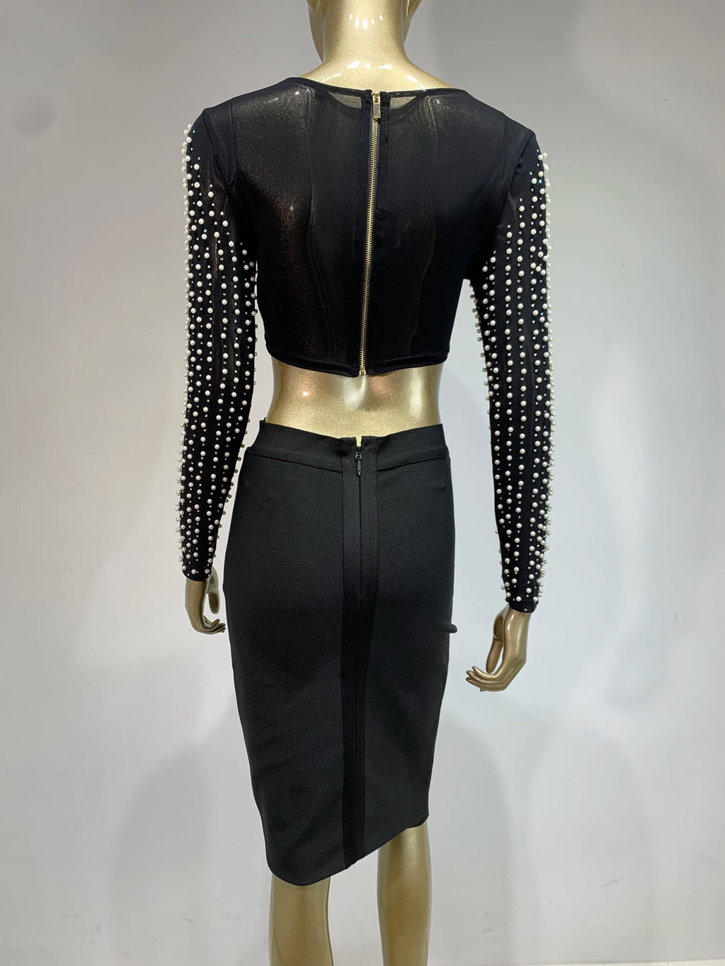 Sexy O Neck Long Sleeve Mesh Pearl Beige Black Celebrity Midi Women Bandage Set 2024 Designer Evening Party Women's Set