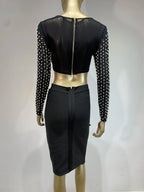 Sexy O Neck Long Sleeve Mesh Pearl Beige Black Celebrity Midi Women Bandage Set 2024 Designer Evening Party Women's Set