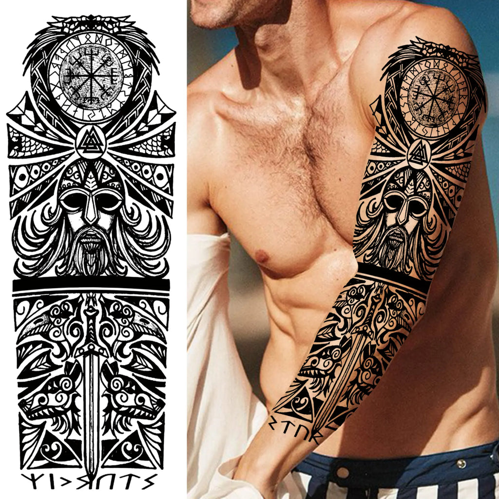 Compass Robot Arm Temporary Tattoos Sleeve For Men Women Realistic Fake Skull Angel Full Arm Tatoos Maori Totem Tattoo Sticker